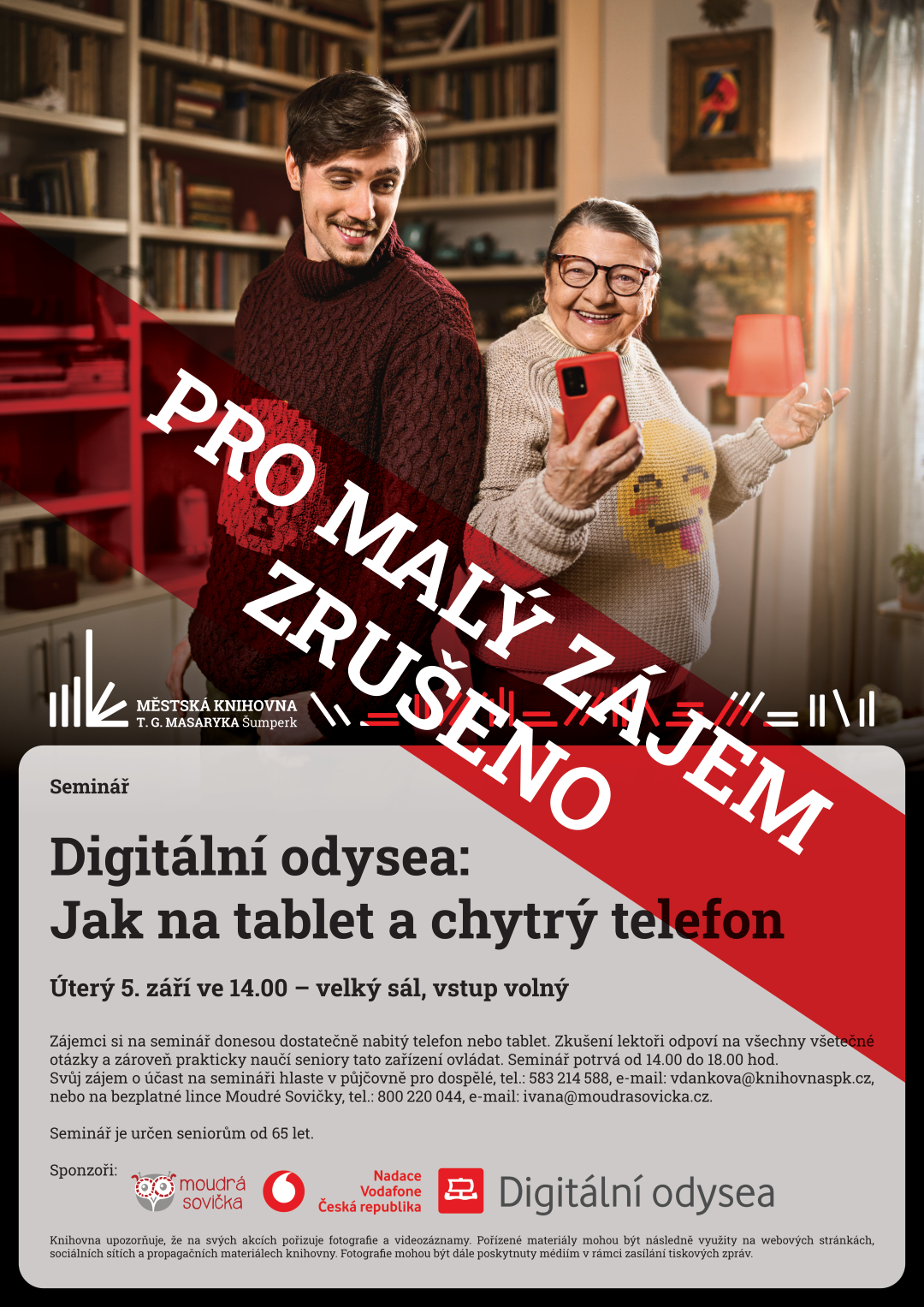 Plakát pro zrušený seminář digitální odysea: jak na tablet a chytrý telefon z důvodu malého zájmu