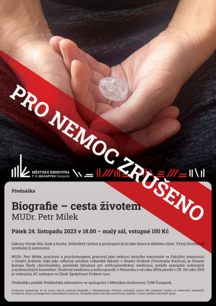 Plakát pro zrušenou přednášku MUDr. Petra Mílka na téme Biografie - cesta životem