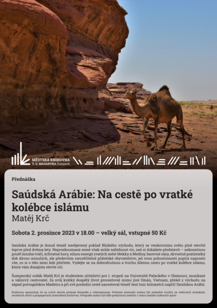 Plakát pro přednášku Matěje Krče o Saudské arábii