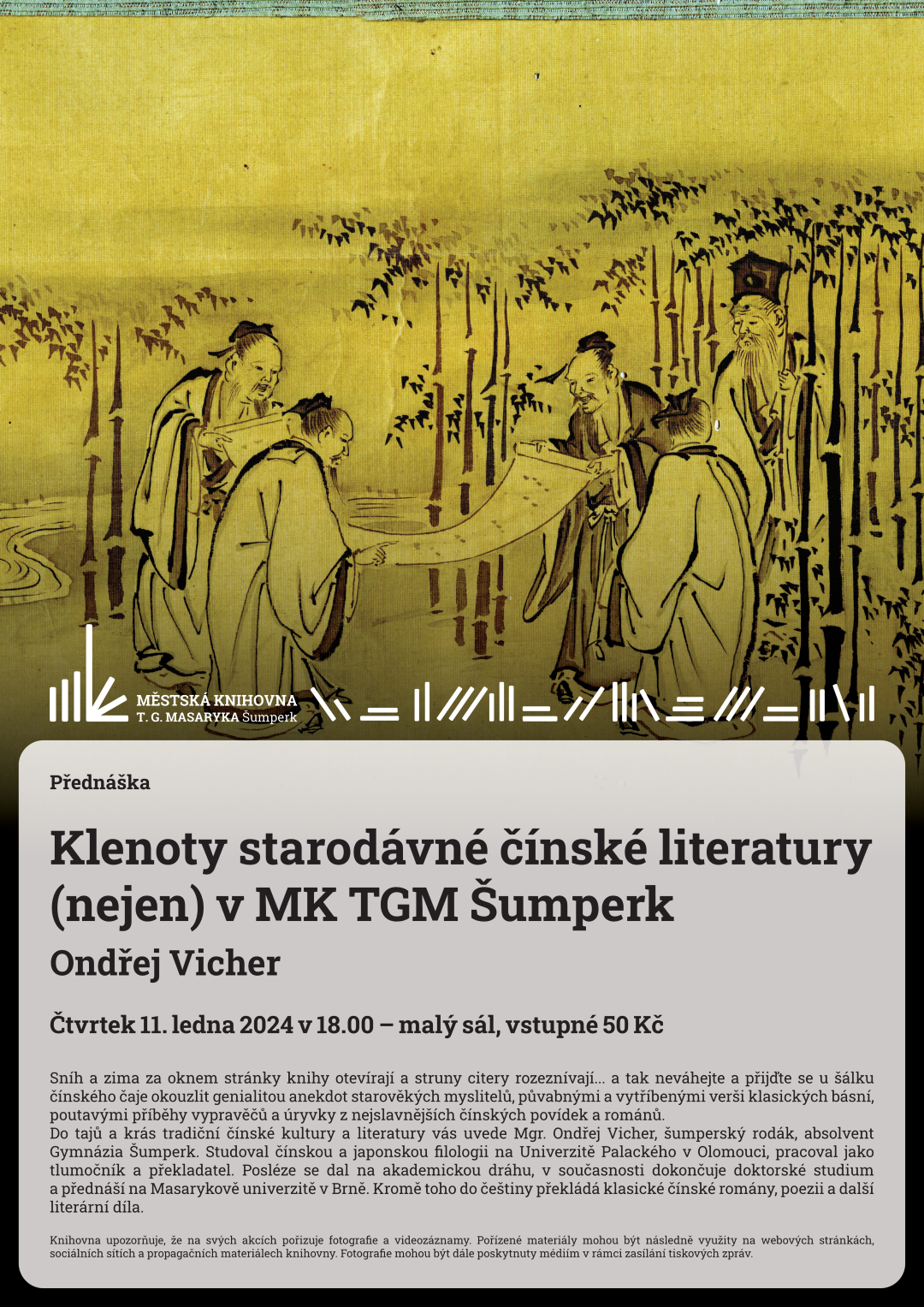 Plakát pro přednášku Klenoty starodávné čínské literatury nejen v MK TGM Šumperk