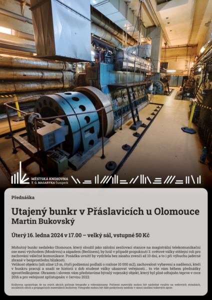 Plakát pro přednášku Utajený bunkr v Přáslavicích u Olomouce