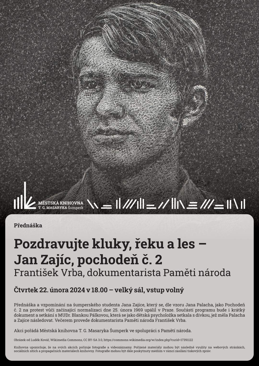 Plakát pro přednášku Pozdravujte kluky, řeku a les – Jan Zajíc, pochodeň č. 2