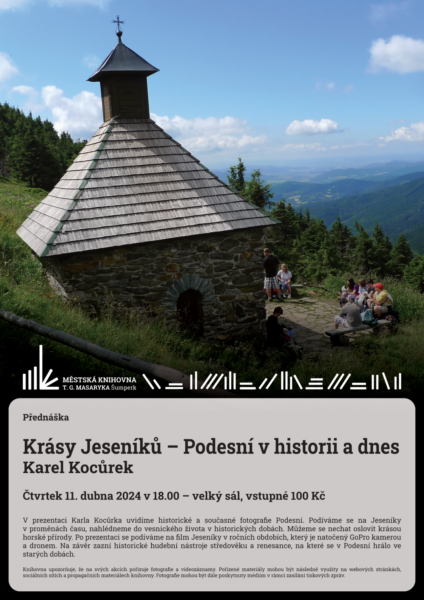 Plakát pro přednášku Karla Kocůrka na téma Krásy Jeseníků – Podesní v historii a dnes