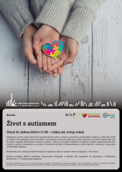 Plakát pro besedu život s autismem ve spolupráci s MAPO Academy, Nemocnicí Šumperk a Dětským klíčem Šumperk