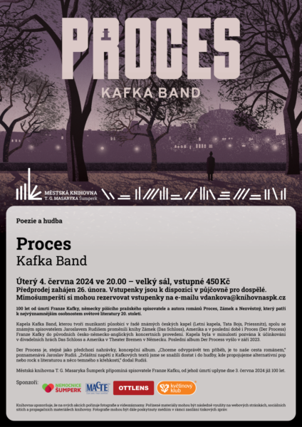 Plakát pro akci poezie a hudba kapely Kafka Band s názvem Proces